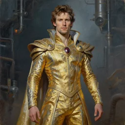 a man dressed in a gold and silver costume, art by alex heywood, fantasy art, reimagined by industrial light and magic, oil on canvas, hd