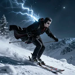 dracula the vampire skiing down a mountain a night, digital art, highly detailed, epic composition, cinematic lightning