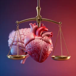 justice scale, heart vs brain, soft gradient texture, realistic 3 d render, high lights, 4 k, high detailed photography, 5 0 mm lens, rich vivid colors, smooth gradients, depth of field, cinematic, hyper realism, high detail, octane render, unreal engine, 8 k