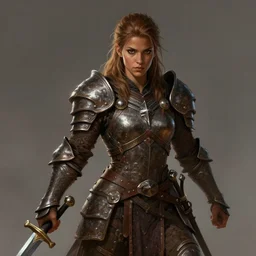 Female barbarian, heavy brown metallic armor, swords, gorgeous and beautiful, light brown messy hair, dark skin, brown eyes, detailed face, battle stance, high fantasy, extremely detailed, alone, DND, D&D, matte painting, by wlop and peter mohrbacher, trending on artstation, artstationHD, artstationHQ