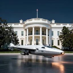 space frigate landed in front of the white house, artstation, volumetric light, high detail, reflections, perfect, concept art, hdr, 4 k
