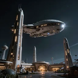 an elegant alien ship flies near an outpost with tall detailed structures covered with lights in the night sky on an alien planet, incredible detail, cinematic lens flare, ultrarealistic!!!