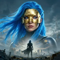 beautiful cinematic poster, female cyberpunk cyborg, a gold circuit mask, brilliant blue flowing hair, beautiful glowing eyes, wideshot ultrawide angle epic scale, hybrid from the elden ring and art direction by darius zawadzki, wayne reynolds artstation ; cinematic quality character render ; low angle ; ultra high quality model, quality cinema model