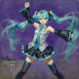 oil painting portrait of hatsune miku swinging and moving violently to the foreground of the painting, dynamic movement, deep purple background, chiaroscuro, automatism, tachisme, violence, heavy impasto technique, painterly, dynamism, iridescence, iridescent gradient, gaussian blur, desaturated, palette knife, vintage landscape