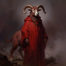 singular lamb wearing cultist robes by frank frazetta, human lamb hybrid, deep crimson and dark shadows, foggy background, ambient glow