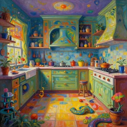 A psychedelic portrait of natural paintings can slither for hours at end in the mad kitchen , vibrant color scheme, highly detailed, in the style of romanticism, cinematic, artstation, Moebius, Greg rutkowski futurism, no blur, 4k resolution, sharp ages, ultra detailed, style of John Berkey, Norman Rockwell, Hans Thoma, Ivan Shishkin, Tyler Edlin, Thomas Kinkad