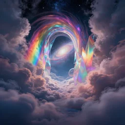 a beautiful matte painting of a 3 one-point perspective iridescent rainbow fragmentation+smoke+cloud corridors night with stars containing the outside of a galactic dimension vortex, volumetric lighting bouncing of clouds of dust , by Christophe Vacher and Bastien Lecouffe-Deharme, trending on artstation narrative realism, deep color scheme,wide angle,highly detailed,v-ray render,photorealistic,4k hd wallpaper , psychedelic lighting