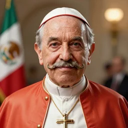 incredibly realistic, too detailed portrait of a caricature of the first mexican pope with horseshoe mustache, centered portrait, octane render, bump mapping, global illumination, unreal engine 5, 8 k, bokeh, d & d digital art, mark ryden, rob gonsalves