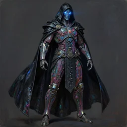 dark cyborg assassin! cloak armour made of intricate complex circuitry and microchips, iridescent, black cape, warrior, colorful, intricate linework, gothic baroque, athletic stance, glowing face, magical, realistic oil painting, artstation, rutkowski, wlop, chebokha, artgerm