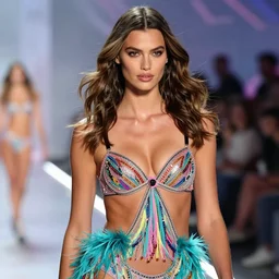 beautiful portrait of Irina Shayk wearing fantastic bra and dress in the VICTORIA'S SECRET fashion show,embellished beaded feather decorative fringe knots ,colorful pigtail,subtropical flowers and plants,symmetrical face,intricate,elegant,highly detailed,8k,digital painting,trending on pinterest,harper's bazaar,concept art, sharp focus, illustration,golden ratio,by artgerm,Tom Bagshaw,Lawrence Alma-Tadema,greg rutkowski,golden ratio