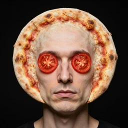 portrait of man with a rare facial deformity making the head a flat and circular disc, looking like a pizza, doughy skin with bakes crust like with flecked burnt spots, features that look like tomato slices, soft lighting, sharp focus, highly symmetrical, black background, masterpiece, case photo by letizia battaglia