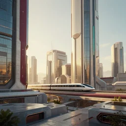 futuristic city center with 890J maglev train in background, modern blocky landscape architectural design for industrialpunk concrete and glass, maroon, white and teal metallic accents, gorgeous lighting, golden hour, cyberpunk, 2077, dramatic lighting and composition, photography, 8k, origin 100i, star citizen concept art, single line, golden ratio, minimalistic composition, side profile