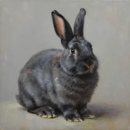 oil painting of a dark grey holland lop bunny rabbit