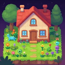 a house with a garden in front of it, the garden is full of alien flowers and plants, from a space themed Serria point and click 2D graphic adventure game, high quality cartoon style graphics
