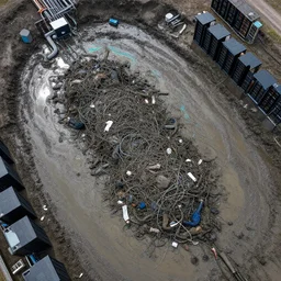 an drone view of a mass grave in slimy mud with tangled bodies, datacenter computers and pipes in an iridescent oil slick