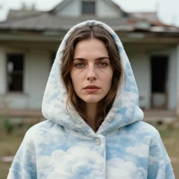 closeup portrait of a woman wearing a cloak made of clouds, standing in a desolate abandoned house, by Annie Leibovitz and Steve McCurry, natural light, detailed face, CANON Eos C300, ƒ1.8, 35mm, 8K, medium-format print