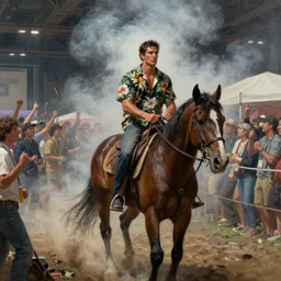a mysterious man with short dark hair, wearing a hawaiian shirt, riding a horse into a smoky convention center, where hundreds of spectators are watching and cheering, epic, oil painting, hyper realistic,