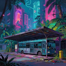 a beautiful photorealistic painting of architecture nature building urbex abandoned bus station by stanley spencer, neon noir tundra vice city postcyberpunk anime junglepunk, archdaily, wallpaper, highly detailed, trending on artstation.