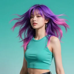 a award winning half body portrait of a beautiful woman in a croptop with a ombre purple pink teal hairstyle with head in motion and hair flying, teal gradient background, outrun, vaporware, vivid colors, highly detailed, fine detail, intricate