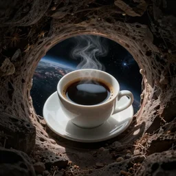 a portal to the depths of space, contained in a cup of black coffee