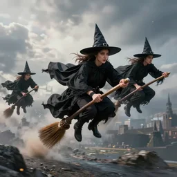 group of witches flying on brooms