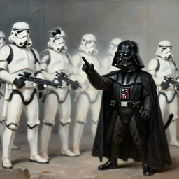Darth Vader\'s cat commanding stormtroopers, by Rembrandt