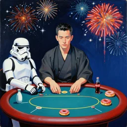single man in kimono, sitting at an extremely detailed poker table with the detailed stormtrooper, sake, coca cola, donuts, on the table, fireworks and stars on the background, by andy warhol, by roy liechtestein, canvas, acrylic paint, cool colour palette