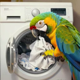 a beautiful illustration of a parrot head washing clothes using a washing machine which also has a parrot head sticking out of the top of the washing machine, intricate, sharp focus, illustration, highly detailed, digital painting, concept art, matte, art by wlop and artgerm and greg rutkowski and alphonse mucha, masterpiece