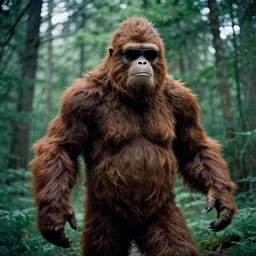 a 35mm photo of bigfoot,wearing sunglasses, forest, 50mm lens