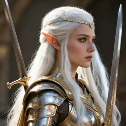 a detailed portrait profile view of the elves queen with white small headband with diamonds and armor in golden and silver colors and a curve long sword, pointy small ears, full body, white long hair, detailed face, epic masterpiece of cinematographic hyperrealism, realistic shaded lighting poster by craig mallismo, artgerm, jeremy lipkin and michael garmash, unreal engine, radiant light,
