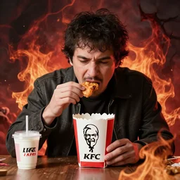 a man eating kfc in hell