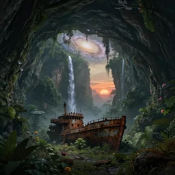 galaxy portal a rusty shipwreck at the bottom of a prehistoric jungle cave, lush flora, waterfall, mountains, flowers, vines, sunset, hazy, volumetric lighting, rtx on, washed out dark colors, an award - winning digital render, beautiful, stunning, ultradetailed, great composition ( by kim jung gi ) ( by george morikawa ) ( by kentaro miura ) (
