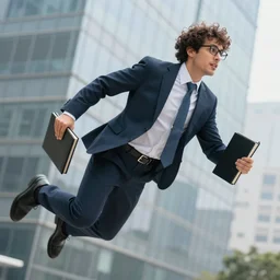 action shot of a flying superhero consultant, carrying a portfolio, glasses, curly hair, corporate, superhuman