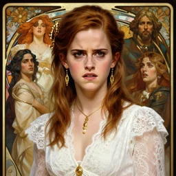 emma watson, angry, white lace clothing, gold accessories, elegant, highly detailed, digital painting, matte, sharp focus, art by artgerm, greg rutkowski, alphonse mucha, frank frzetta, boris vallejo, bouguereau, beksinski, cinematic
