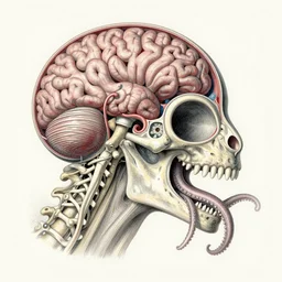 hyper-detailed color pencil antique medical illustration of Kaiju head cross-section, nautilus brain, ribcage, xhenomorph, with tentacles coming out of open mouth and exposed jaw bone, spinal column, cerebral corpus callosum, cerebellar peduncle, interventricular foramen, symmetrical H 1024