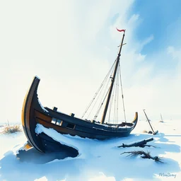 small centered on watercolor paper, paint brush strokes, abstract watercolor painting of ancient viking shipwreck in snow, daylight, blue sky, cinematic light, national romanticism by hans dahl, by jesper ejsing, by anders zorn, by greg rutkowski, by greg manchess, by tyler edlin
