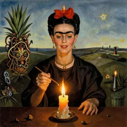 witch doctor woman smiling in the flame of a candle, Salvador Dali, surrealism, frida kahlo, ayahuasca, psychedelics, Bosch