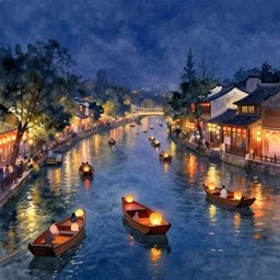 lanterns boats in many colors floating down a river at night, beautiful watercolor painting trending on artstation