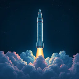 a frontal drawing of a vertical space rocket centered with a dark blue background and colorful clouds with stars by takashi murakami, beeple and james jean, aya takano color style, trippy, 8 k, super detailed, night sky, digital art, digital painting, clean