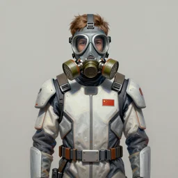 teenager wearing a futuristic boiler suit and gas mask, stylised painting