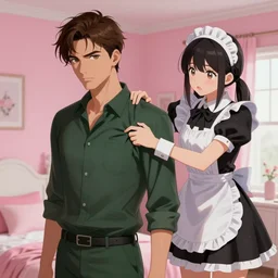 a picture of a man ( brown hair, detailed face expressive hazel eyes, wearing dark green clothes ) standing in a pink feminine bedroom and being attacked by a cute maid outfit that is trying to replace his clothes. pic in the style of artstation and deviantart digital painting, smooth, sharp focus, dramatic illumination.