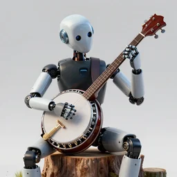banjo - playing robot, playing a deering banjo, sitting on a stump, high detail, hyper realistic, octane render, unreal engine