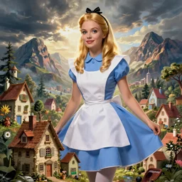 giant alice in wonderland, pin up, houses, trees, mountains, woman, city, digital art, photo, blue dress, collage