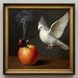a magritte painting masterpiece exposed in Paris : a pipe smoking apple on a dove , This 4K HD image is Trending on Artstation, featured on Behance, well-rendered, extra crisp
