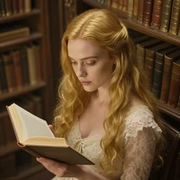 cinestill 5 0 d aerial view portrait of a dreamy beautiful woman britt marling 3 / 4 by roversi taking a book in a dystopian fantasy library, long hair, wearing lace, 8 k, elegant, highly detailed, pale gold matt, soft blur, artstation, sharp focus, head in focus,