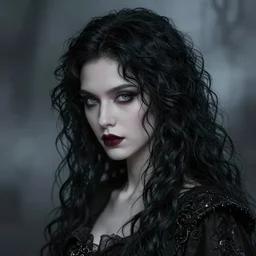 portrait of a ancient immortal vampire elegant girl with long tangles of black hair, beautiful piercing eyes, gothic fog ambience, hyper realistic head, fantasy victorian art, in the style of greg rutkowski, zdizslaw beksinski, intricate, alphonse mucha, hyper detailed, smooth