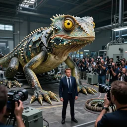 Emmanuel Macron working at the reptilian clone factory, yellow eyes, paparazzi, hidden camera, wide angle