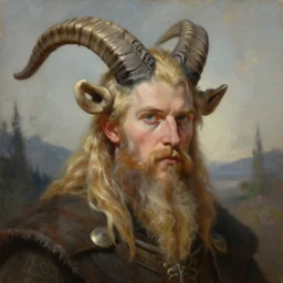 a high detail fantasy portrait oil painting illustration of a young blond bearded man with long goat horns by justin sweet with face and body clearly visible, in a scenic background, pupils visible, realistic proportions, d & d, rpg, forgotten realms, artstation trending, high quality, sombre mood, muted colours, entire person visible!, natural light,