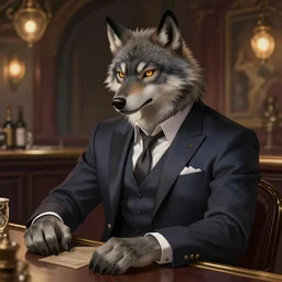 male anthropomorphic wolf fursona wearing a nice suit at a bar, deep focus, intricate, elegant, highly detailed, digital painting, artstation, concept art, matte, sharp focus, illustration, d & d, fantasy, hearthstone, art by artgerm and greg rutkowski and alphonse mucha