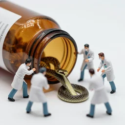 a miniature diorama of several pharmacists wrestling a snake into a brown medicine bottle
